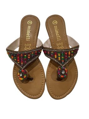 NEVER USED / Minelli Tan Leather Sandals with Multicolor Beads - Size 7-7.5